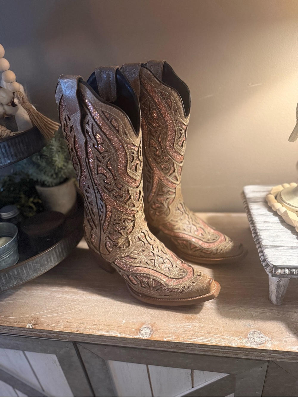 J.B. Dillon Glittery Brown Embroidered Western Boots